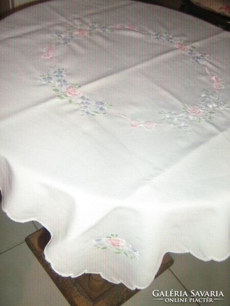 Beautiful handmade vintage rosy floral sling needlework tablecloth embroidered in pastel colors