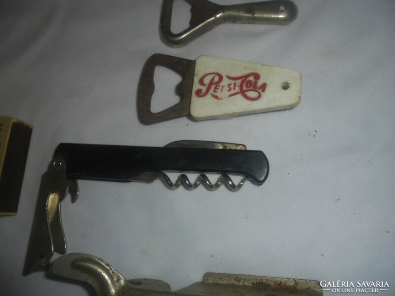 Five retro beer openers, beer openers together - pepsi, antler handle, knife sharpener, knife..