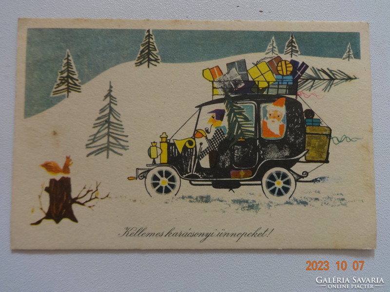 Régi grafikus karácsonyi üdvözlő képeslap - Rozs Endre rajz