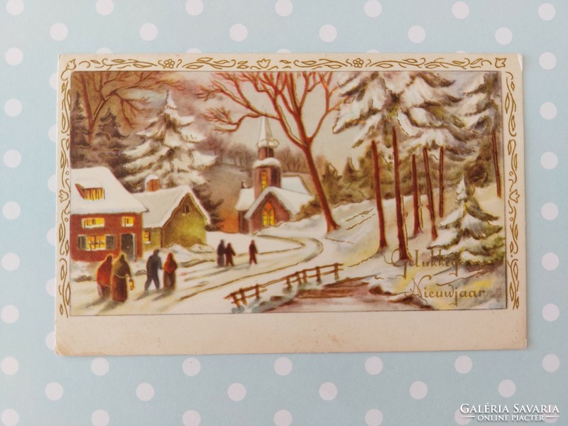 Old postcard Christmas 1955 postcard snowy landscape walk to mass