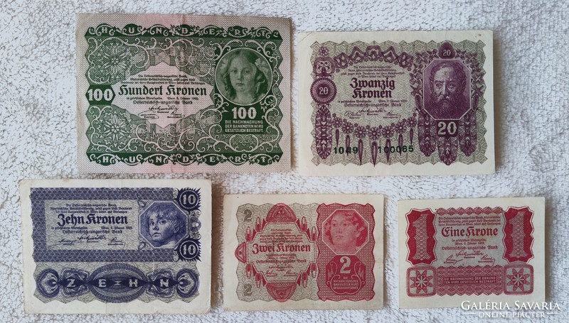 Austrian Crown Series (1922) – 1, 2, 10, 20, 100 (aunc-ef) | 5 banknotes