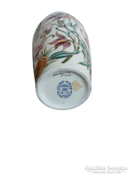 Zsolnay porcelain vase with orchid flower pattern, round seal, hand painted, signed, (née Mihalovics)