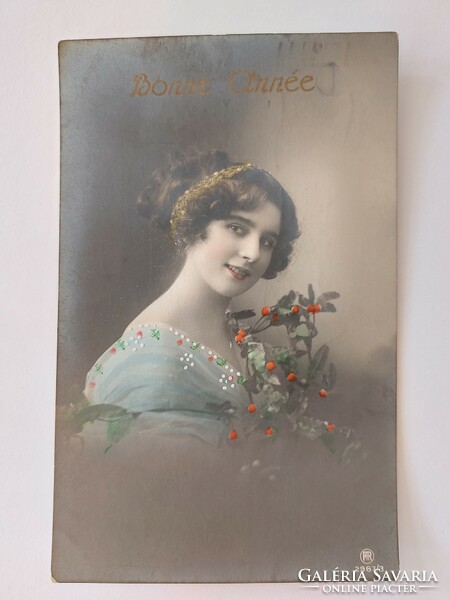Régi újévi képeslap 1911 női fotó levelezőlap