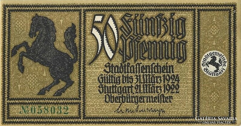 50 Pfennig 1922 Stuttgart unc green serial number
