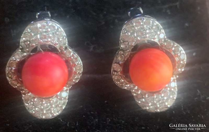 Silver-coral earrings - Hungarian metal, master marked 925 fineness