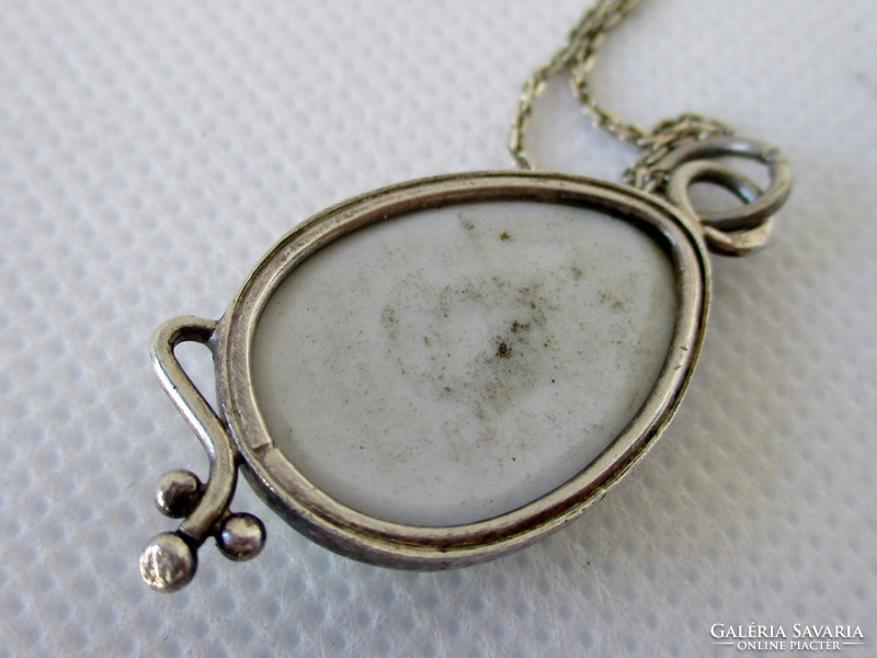 Old silver necklace with beautiful hand-painted porcelain pendant