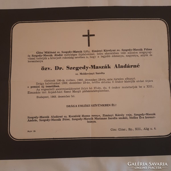 Özv. Dr. Szegedy-Maszák Aladárné sz. Moldoványi Sarolta gyászjelentése   1968