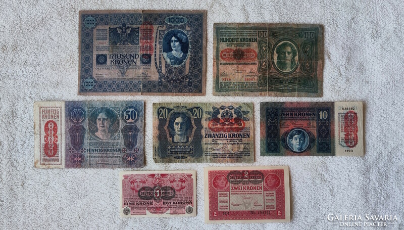 Omm crown series (1902-1918) – 1, 2, 10, 20, 50, 100, 1000 dö (aunc-f) | 7 banknotes