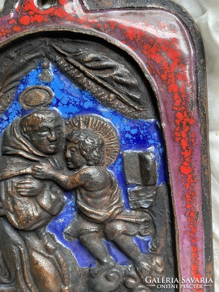 Church themed heavy copper alloy - fire enamel relief, wall picture