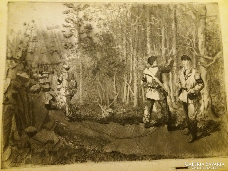 Artwork by Endre Szász (1926 - 2003): on forest roads - partisans, etching according to the pictures, size a/3
