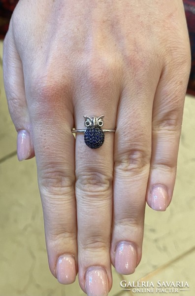 14K white gold owl ring with real sapphires and black diamond eyes!