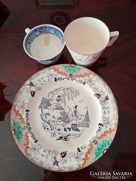 3 db  antik  holland  porcelán fajansz  Petrus Regout : 1 Timor lapos tányér,  1  csésze 1 bögre