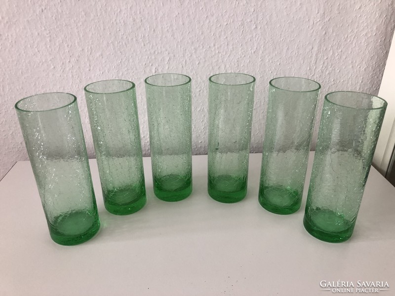 6 green, cracked glass glasses