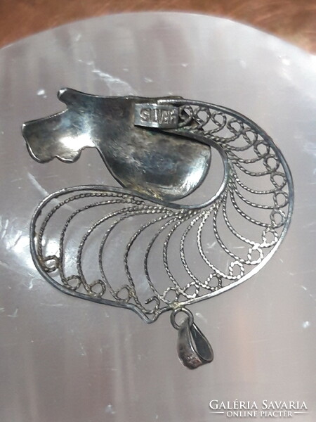 Old filigree silver squirrel pendant - decorated with carnelian and fire enamel