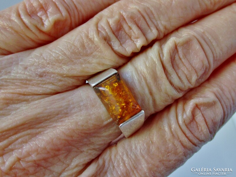 Special old handmade art deco silver ring with amber stones