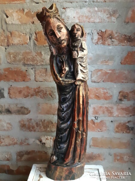 Madonna and child wooden sculpture in cubist style