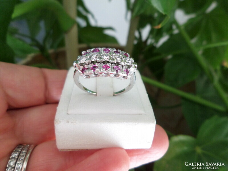White gold multi-row ring with rubies and brilliants
