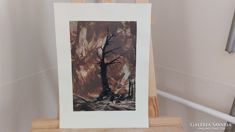 (K) lonely tree painting + abstract composition with frame 33x43 cm