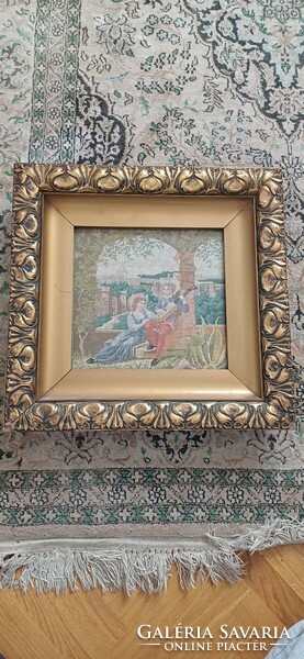 Antique windy gilded picture frame, needle tapestry with colorful masterpiece Romeo and Juliet theme, Italian style!