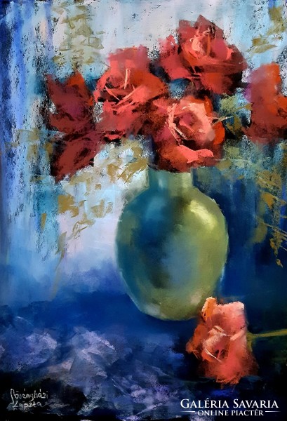 Rózsák, pasztell festmény paszpartuval, keretben, üveg alatt