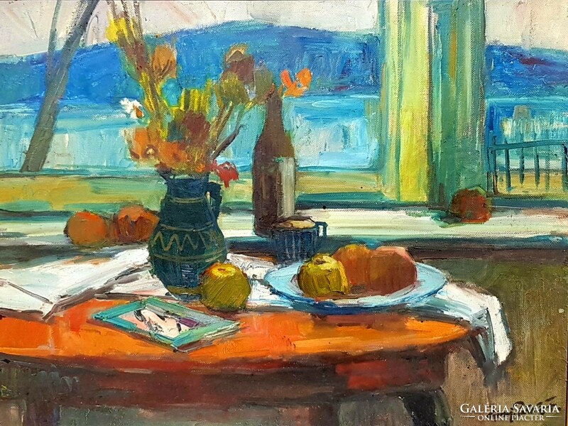 Ferenc Göcseji Pataki - table still life with a view gallery painting