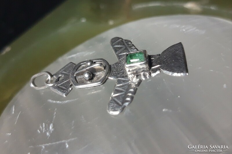 Silver Inca totem amulet pendant decorated with emeralds