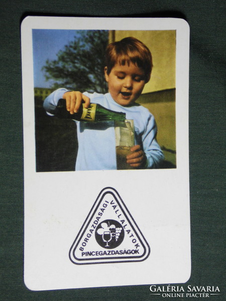Card calendar, brands of soft drinks, wine farm cellars, small child, 1975