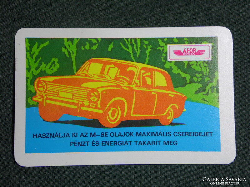 Card calendar, Áfor gas station, engine oil, graphic artist, Lada Zsiguli car, 1980
