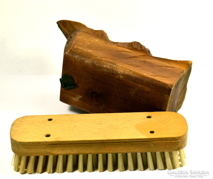 Retro carved dog figural wall shoe brush with brush holder!