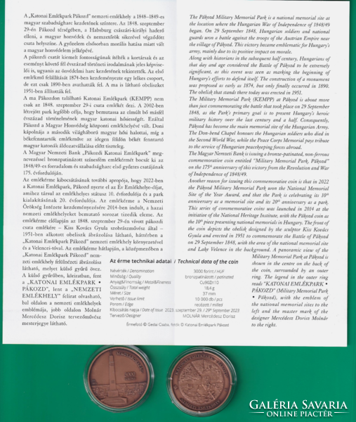 2023 - Military memorial park pákozd - 3000 ft bronze patinated commemorative coin - in capsule + description
