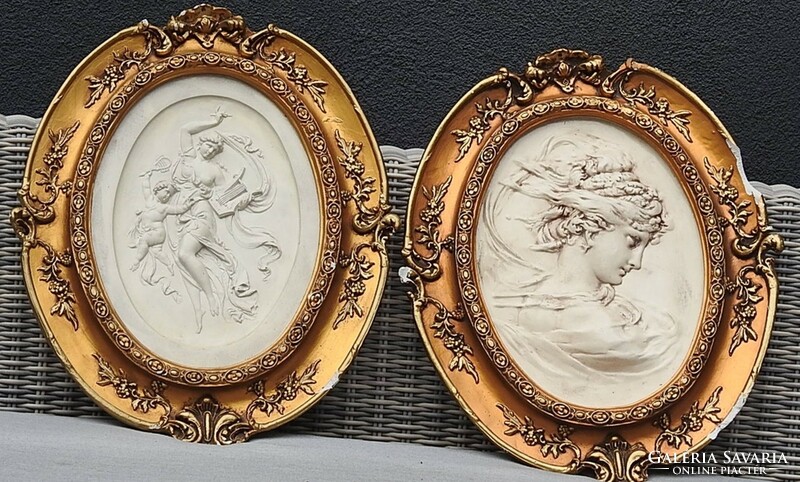 Baroque-style ceramic relief placed in a cast plaster bed (frame). Sold in pairs!