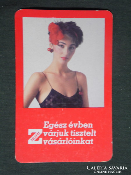 Card calendar, green company, erotic female model, 1986
