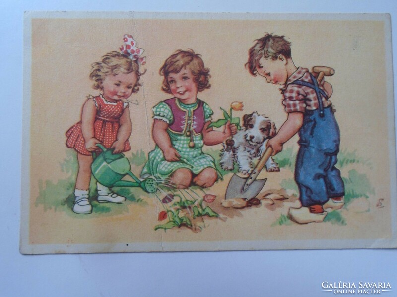 D198916 Gyermekek  tulipánt ültetnek  1940k    Húsvéti lap