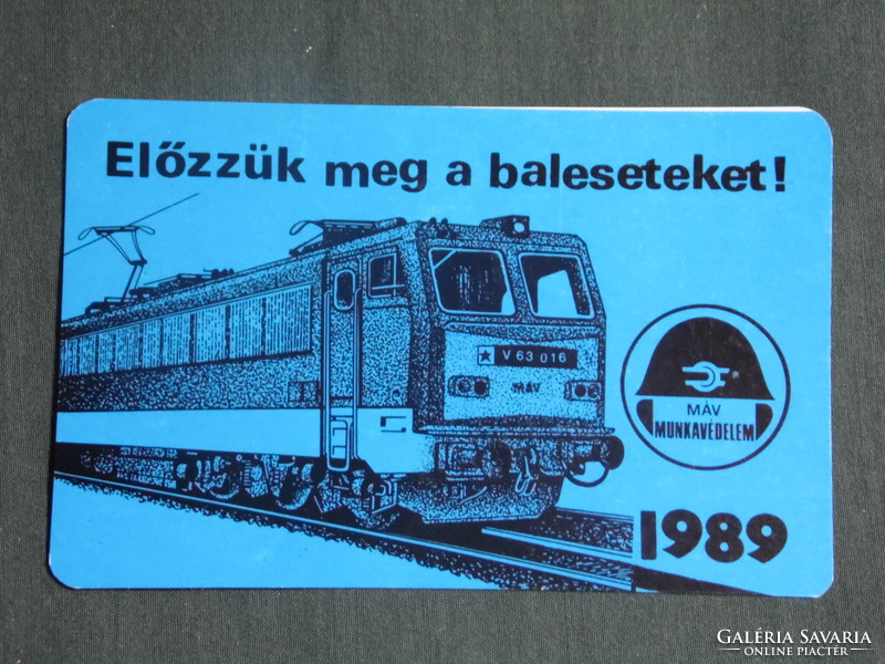Card calendar, máv, railway, accident prevention, graphic design, v63 electric locomotive, 1989