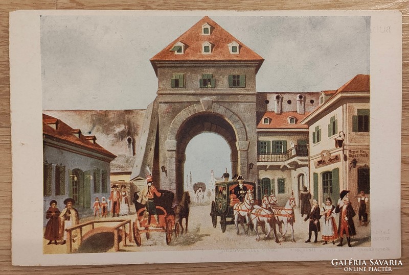 A postcard depicting the old city wall of Pest and the Hatvan gate