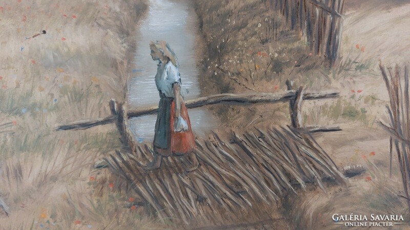 ((K) Lajos Buhodsó painting of farm life with frame 61x51 cm