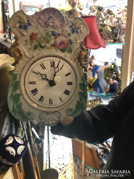 Wall clock, antique, with porcelain face, 2 heavy, working, 24 cm.