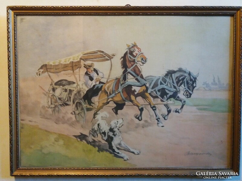 The work of István Benyovszky (1898 - 1969) horse startled by a dog painting frame + glass according to the pictures