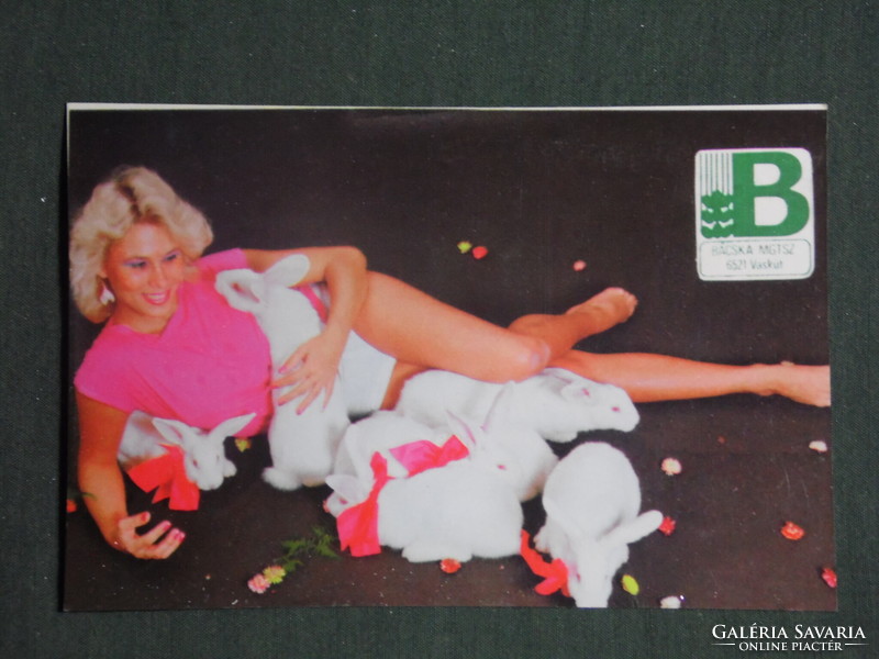 Card calendar, Bácska mgtsz, iron well, rabbit slaughter plant, erotic female model, 1986