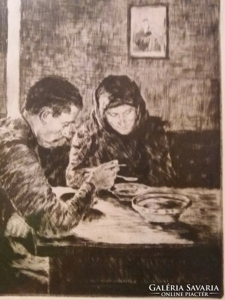 Glatz Oszkár (1872 - 1958) alkotása Ebéd rézkarc keretben üvegezve a képek szerint
