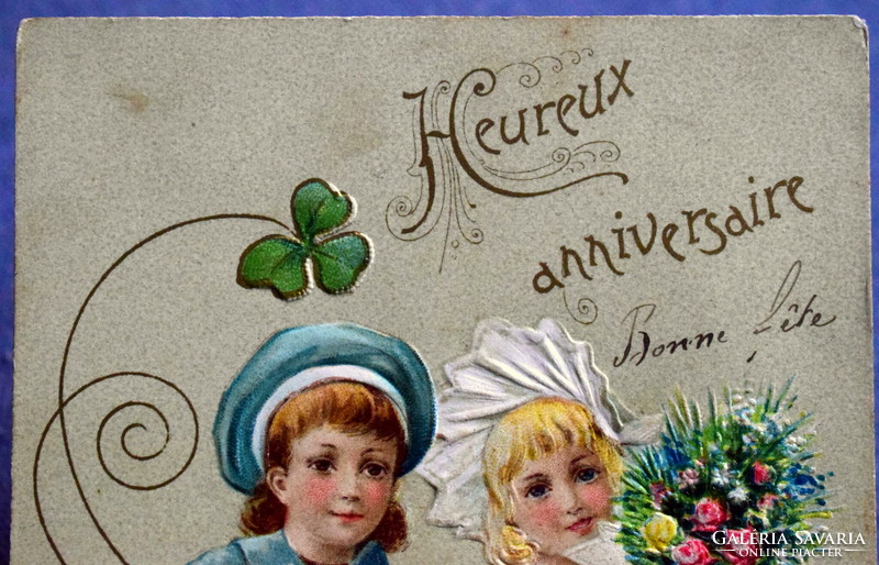 Antique art nouveau embossed greeting card - children, bouquet of flowers, 4-leaf clover from 1904