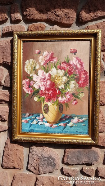 Murin Vilmos: Pünkösdi rózsa, olaj, farost, falc 55 x 75 cm ,elit képkeret. Csendélet, festmény