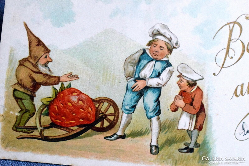 Antique New Year greeting litho postcard dwarf dwarf cooks and the haaatalmaas strawberry from 1900