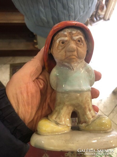 Art deco kerámia törpe szobor, vidám és szomorú arcú, 16 cm-es