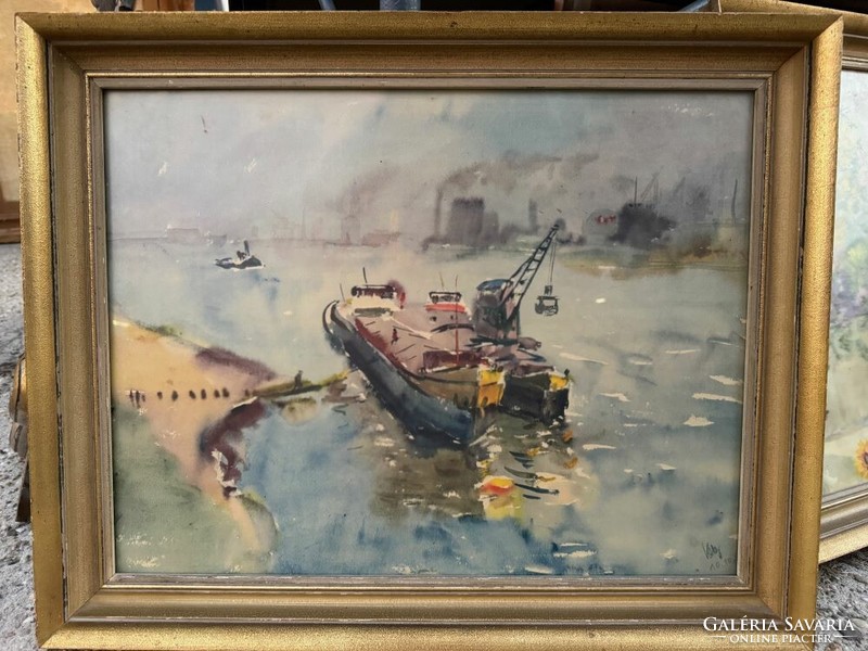 Hajódaru rakodás közben - Akvarell festmény, eredeti, jelzett!