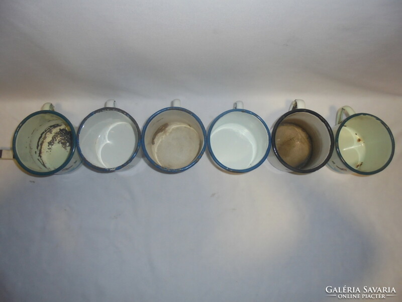 Seven old, retro scene enamel mugs - together