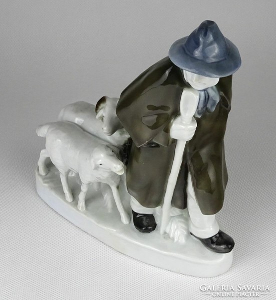 1P012 old porcelain shepherd with lamb and ram 16.5 Cm
