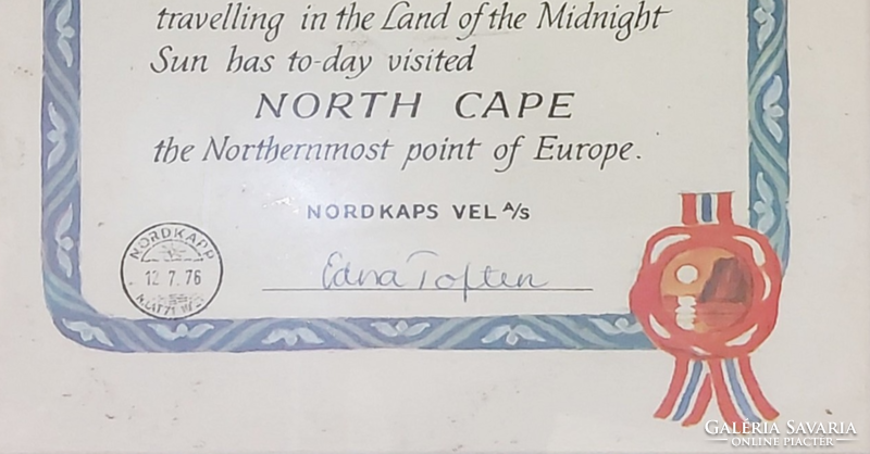 "Certificate of North Cape"  Névre szóló tanusítvány  Északi - fokra  utazásról  1976-ból