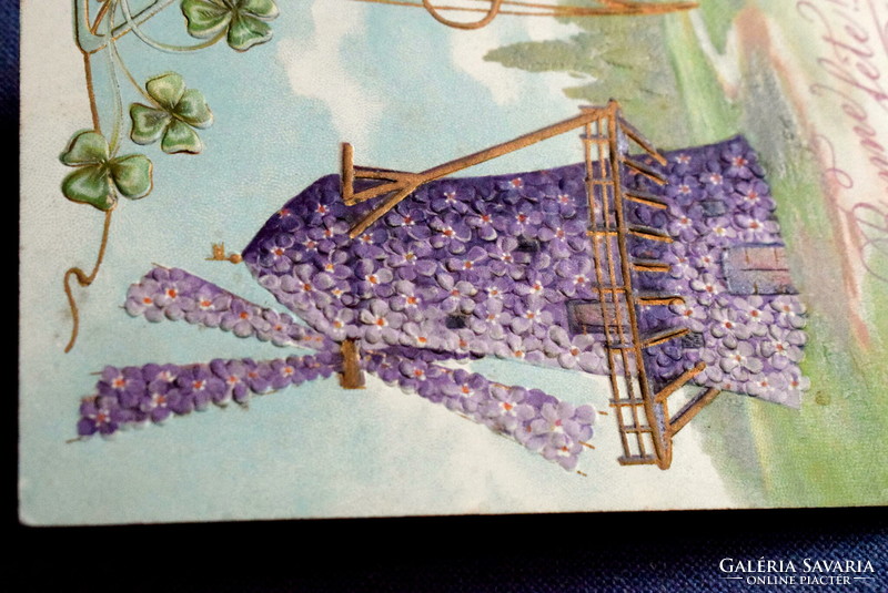 Antique art nouveau embossed greeting card made of flowers windmill 4-leaf clover from 1909