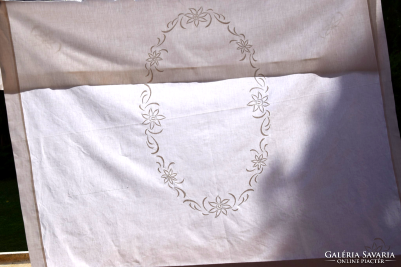 Old linen embroidered tablecloth table cloth 142 x 128 cm